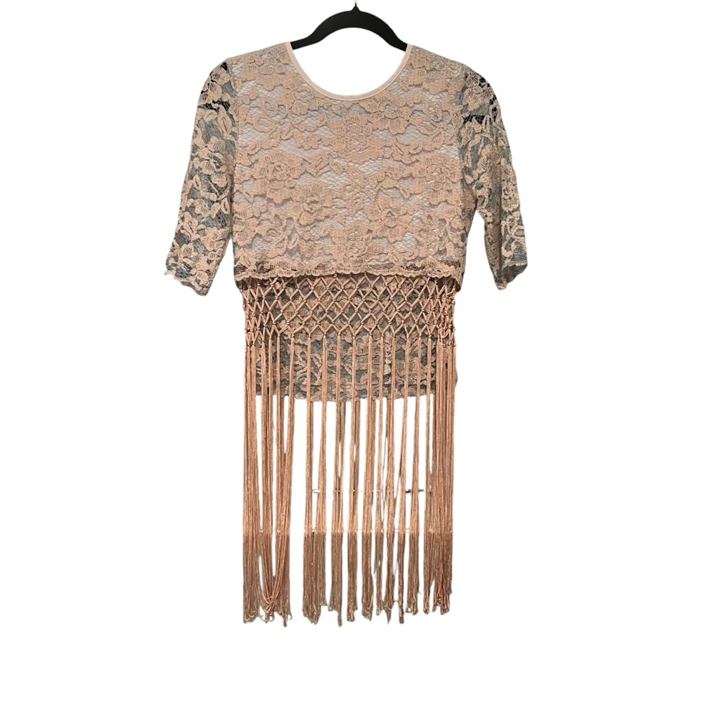 Tesoro Moda Mesh Overlay Top with Fringe Detail, Sz XS